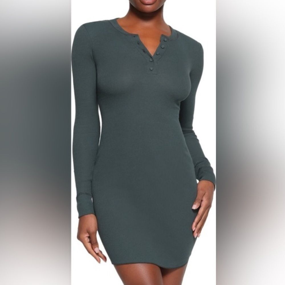 SKIMS Cotton Rib Long Sleeve Dress Olive Green XS NWT